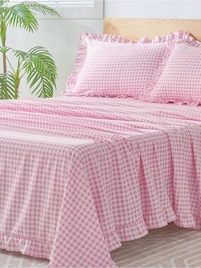 Gingham Pink New Twin Sheet Set Decorate Farmhouse Ruffle